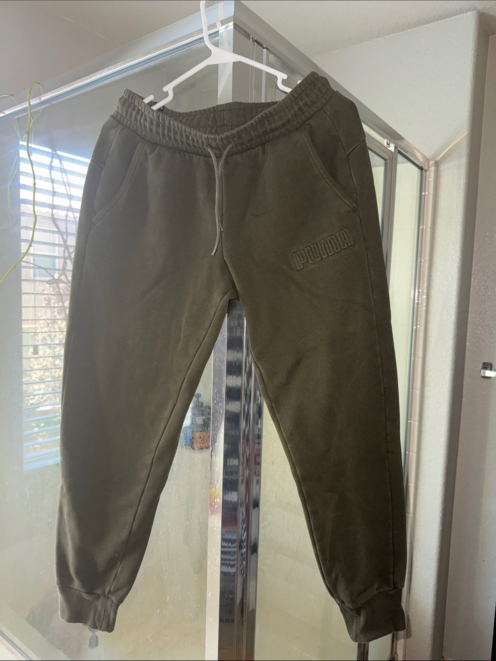 Puma Men's Olive Green Fleece Joggers with Embossed Logo
